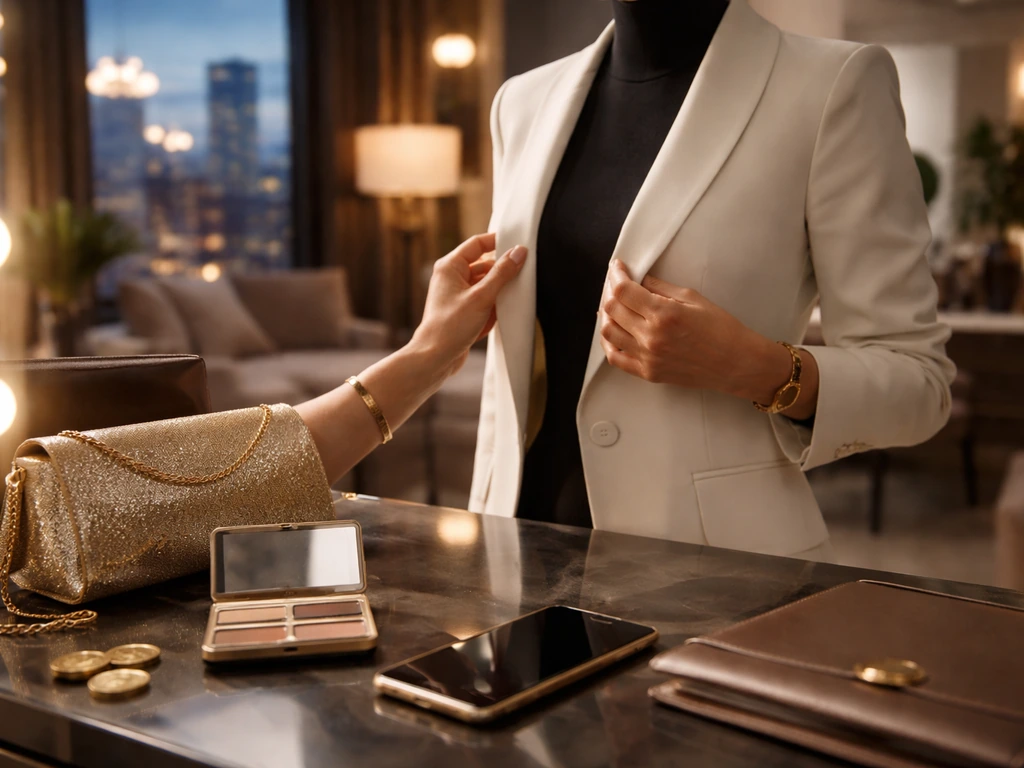 Anonymous hands adjusting a blazer at a glamorous vanity with gold accents, coins, and an entertainment office backdrop.