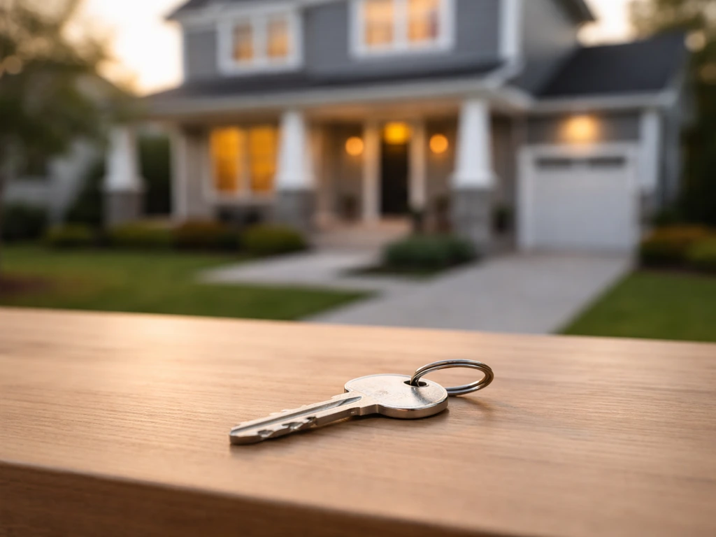 Minimal photo of a modern home exterior with a real-estate key on a desk, symbolizing property wealth.