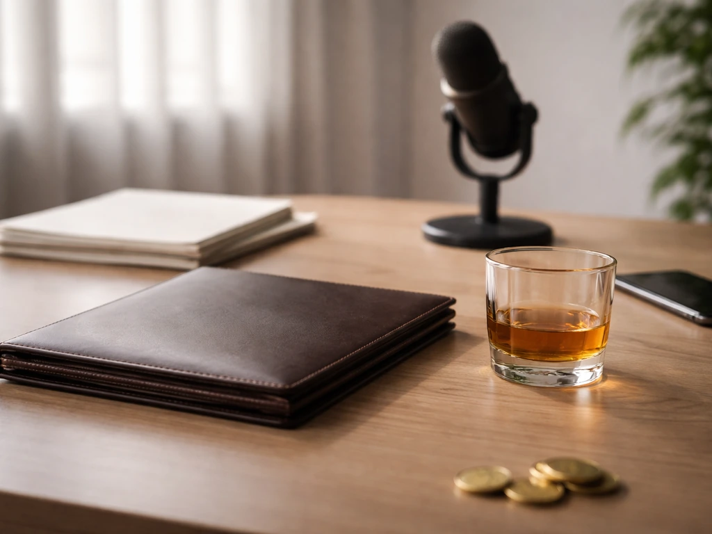 Minimal business desk with portfolio, unmarked documents, microphone, and gold coins symbolizing wealth range