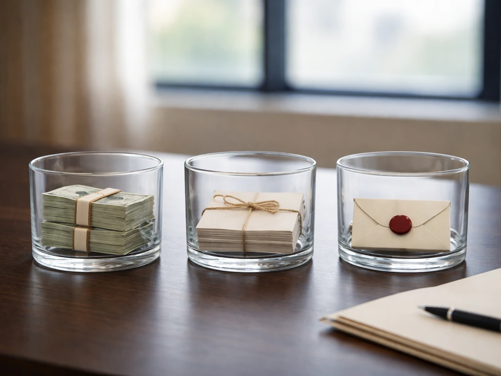 Minimal desk scene with three symbolic containers holding cash, contract papers, and a sealed envelope.