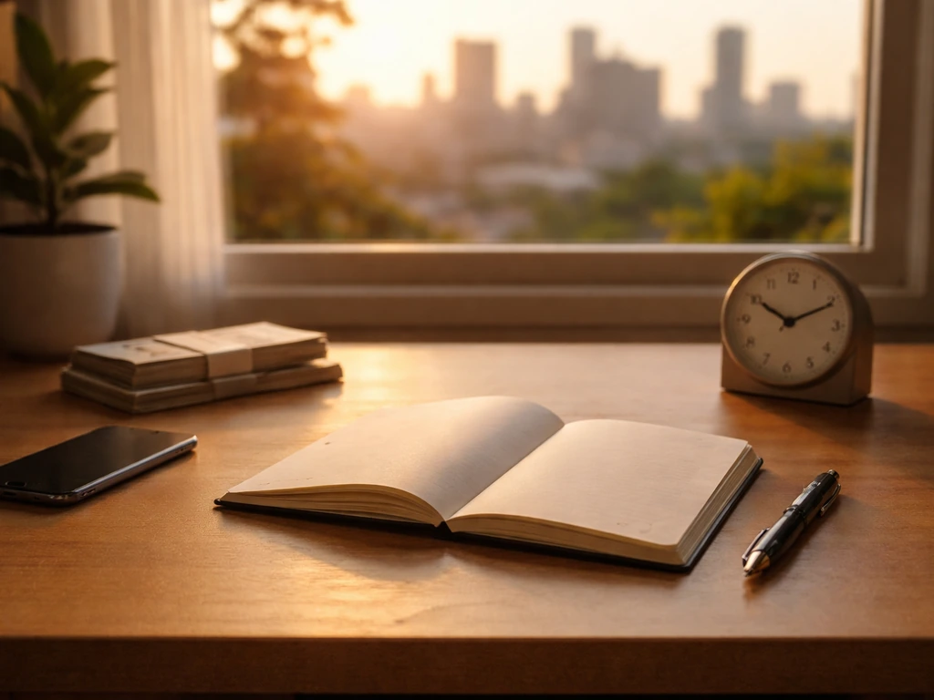 Minimal home office desk with clock and notebook, symbolic of a step-by-step wealth timeline