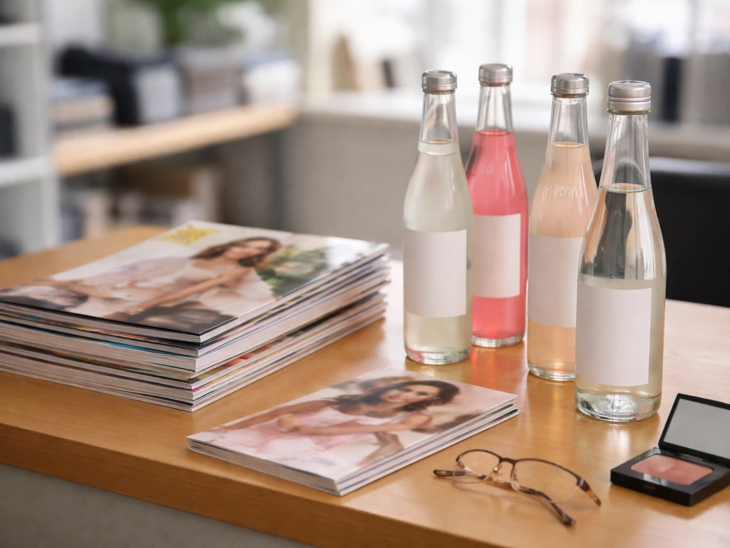 Vintage newsroom desk with a fashion magazine and glass bottles, evoking a 2008–2011 celebrity-brand launch.