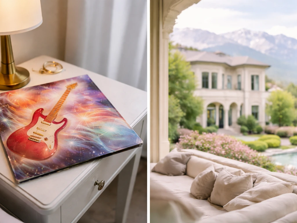 Close-up music record sleeve beside a blurred luxury Salt Lake City exterior scene, no people or text.