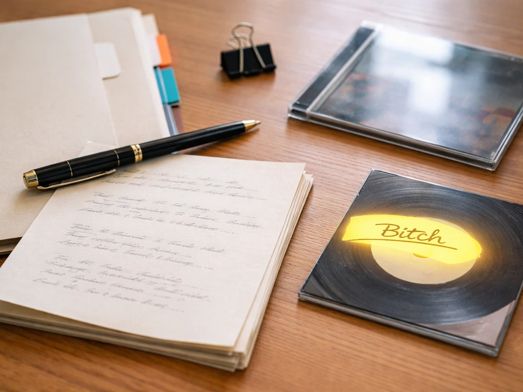 Minimal desk scene with handwritten lyric notes, music royalty paperwork motifs, and a highlighted “Bitch” single cue