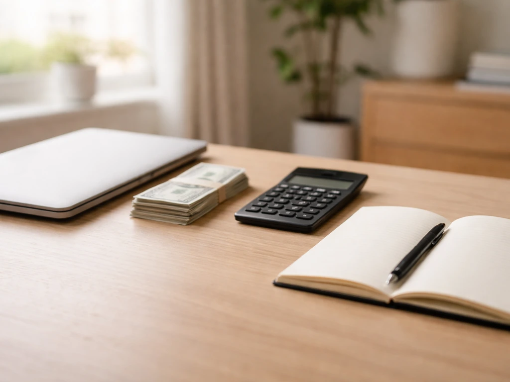 Minimal desk scene with a closed laptop and cash notes, suggesting a net worth estimate range without text.