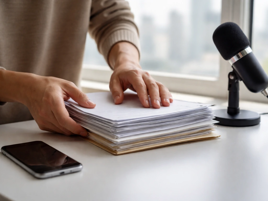 Hands arranging a simple stack of documents near a smartphone and studio microphone, suggesting cross-checking sources