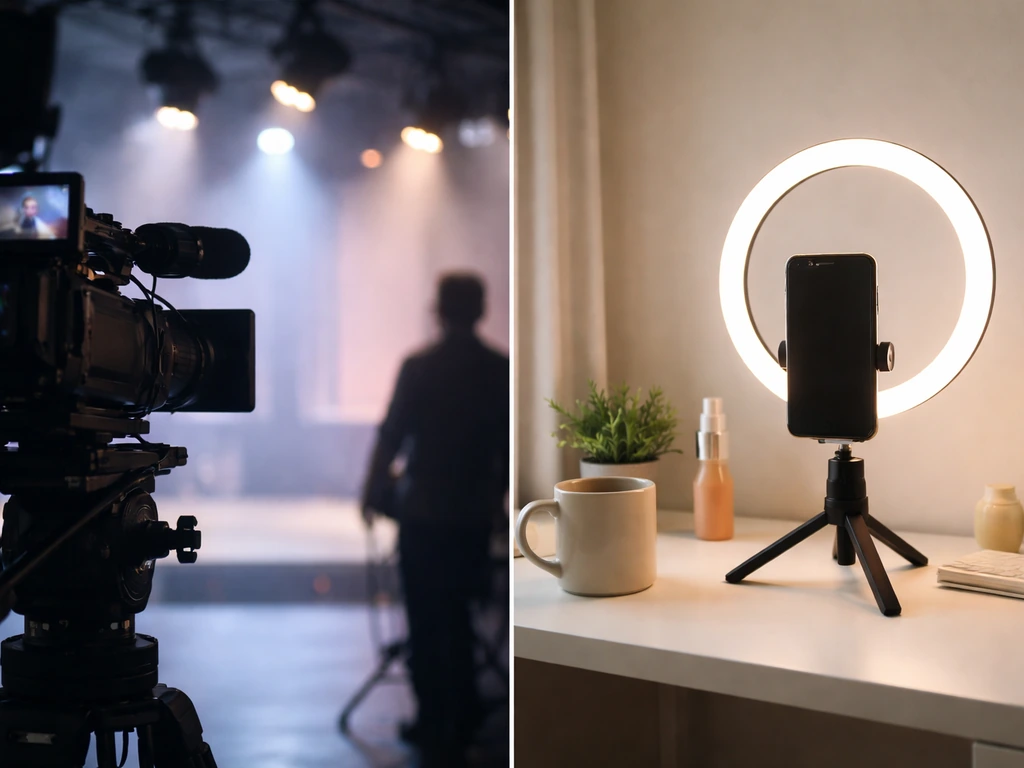 Split photo of a TV production still and social media influencer setup representing income streams.
