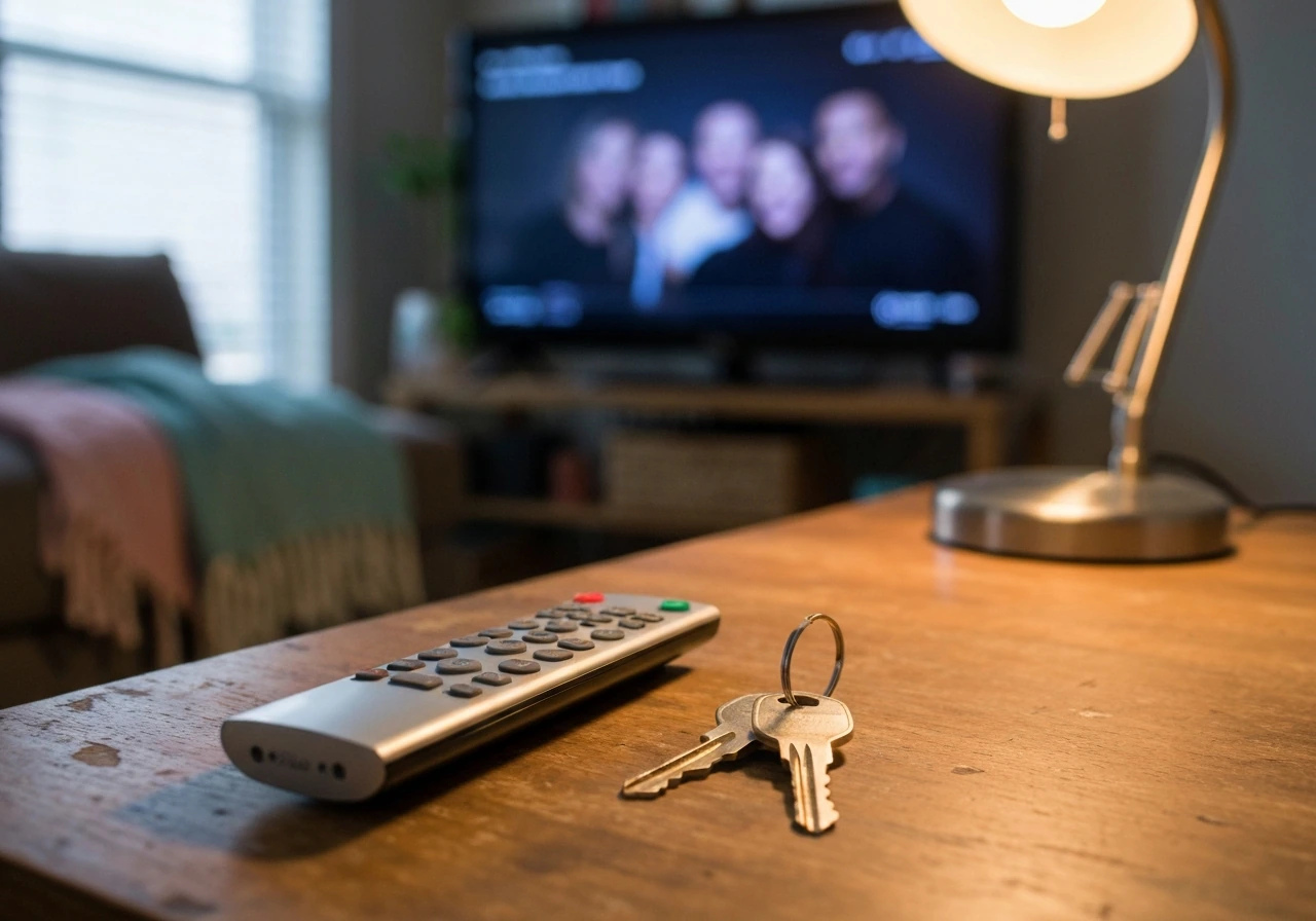 Close-up of a TV remote and house keys on a wooden desk, suggesting the Long Island Medium brand