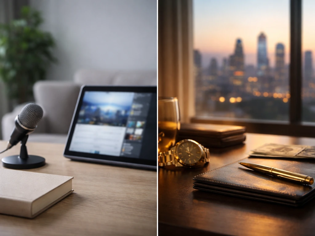 Split image of a therapist-style desk and a dusk city skyline symbolizing media analysis and wealth.