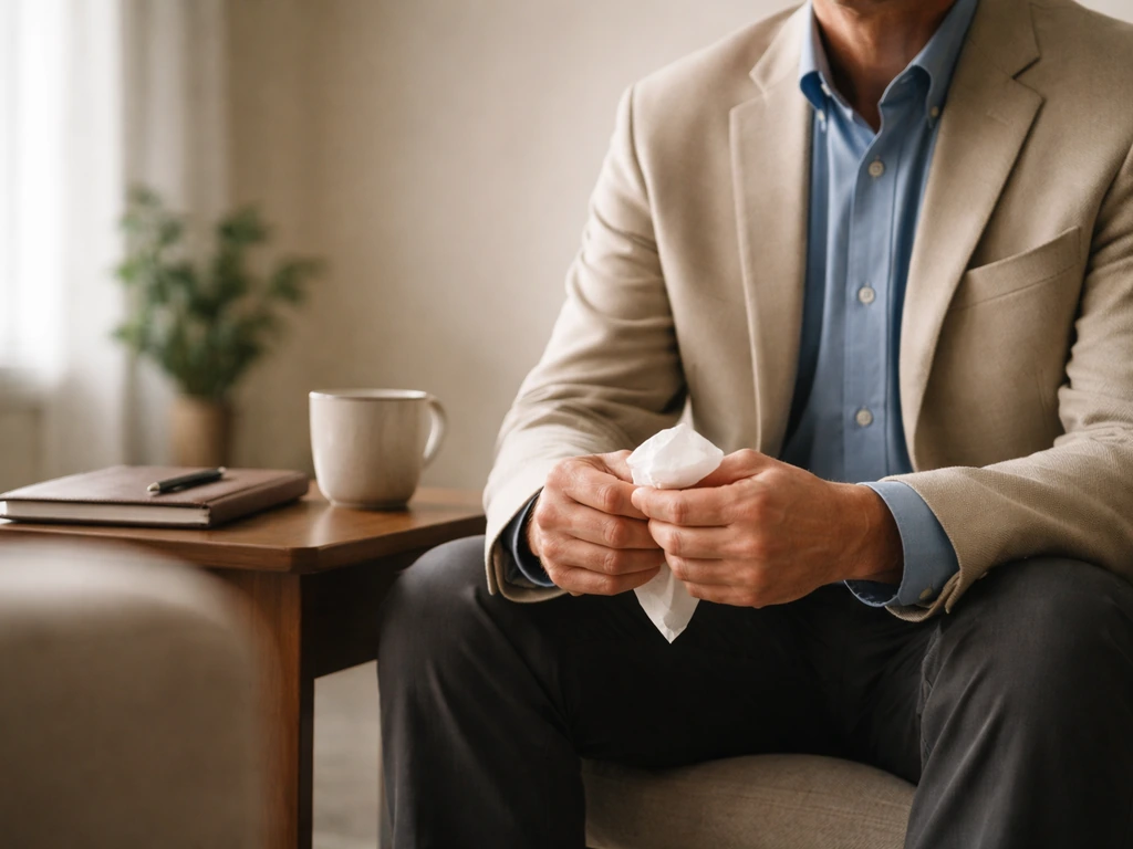 Anonymous therapist in a quiet office, hands resting on a desk, warm natural light—calm counseling mood.