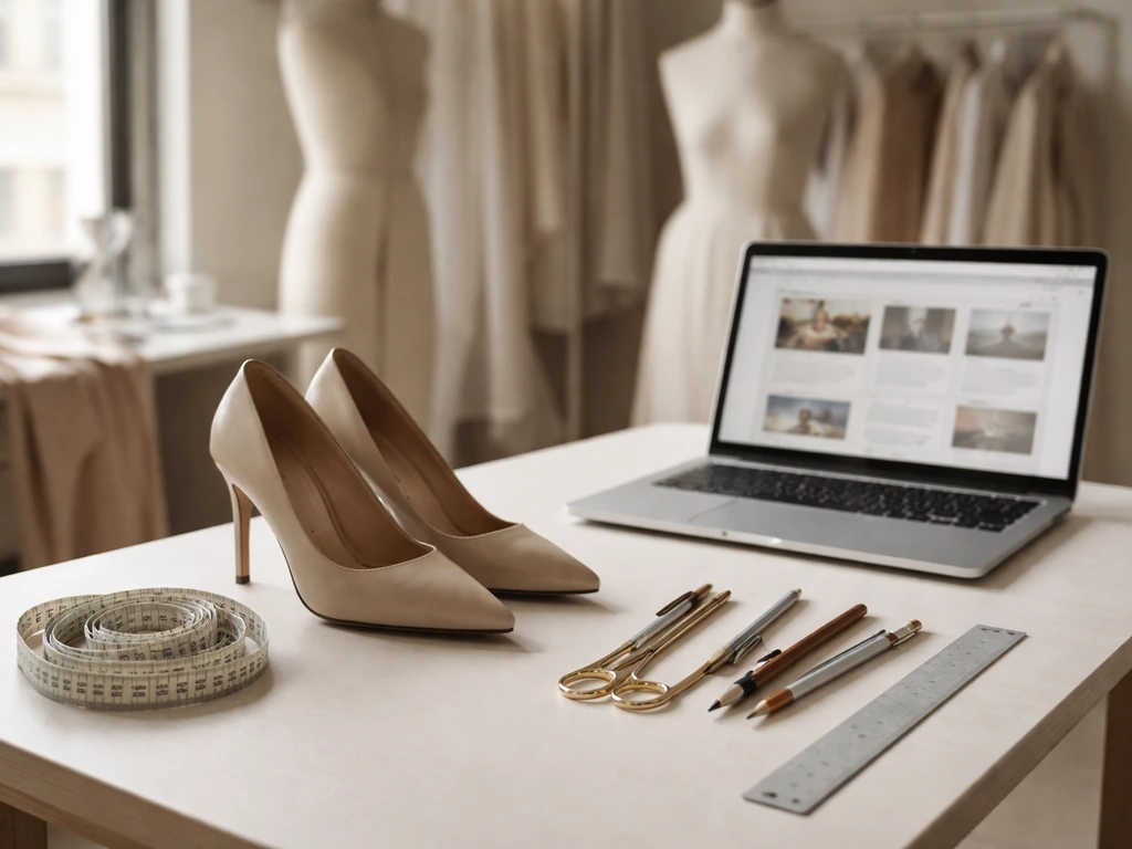 Luxury fashion studio workspace with footwear tools and a laptop, symbolizing fashion design and media presence.