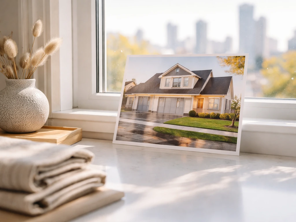 Minimal scene showing a generic real-estate photo mock and upscale home cues by a window with city view