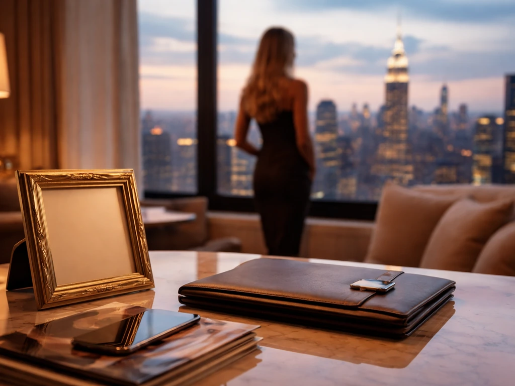 Luxury office desk with gold accessories, city skyline outside, symbolizing celebrity wealth and business income.