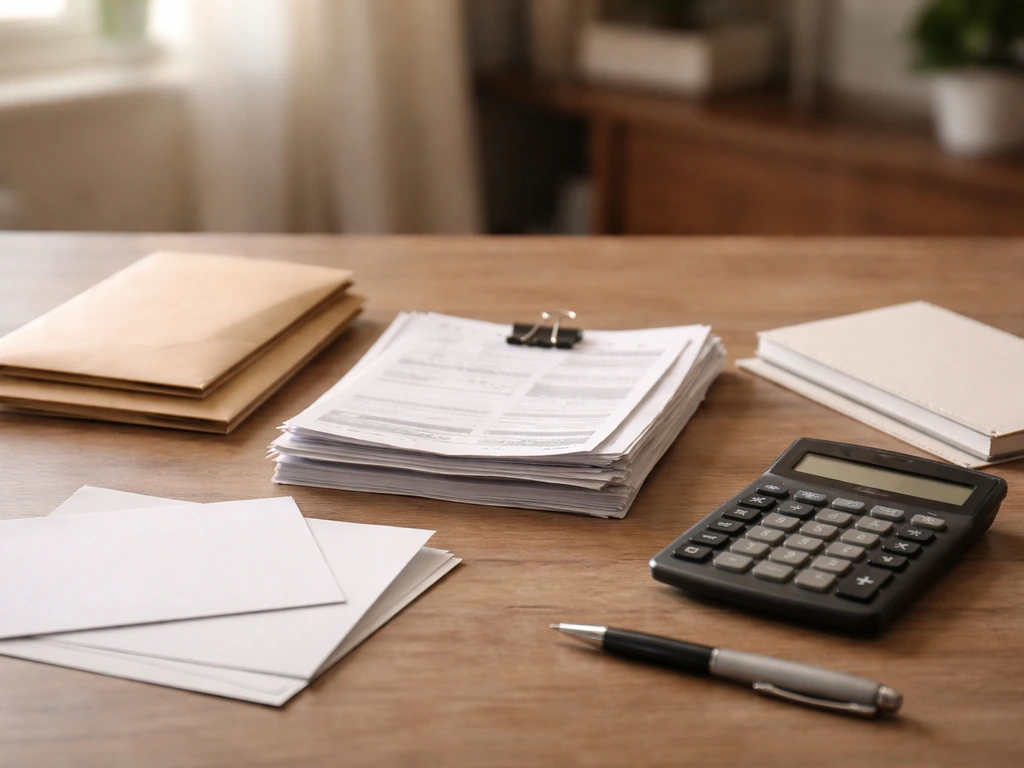 Close-up of a calculator beside envelopes and a small stack of documents showing assets versus debts