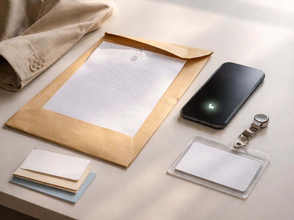 Minimal contract-style desk scene with a smartphone, envelope, and producer badge symbolizing reality TV appearance fees