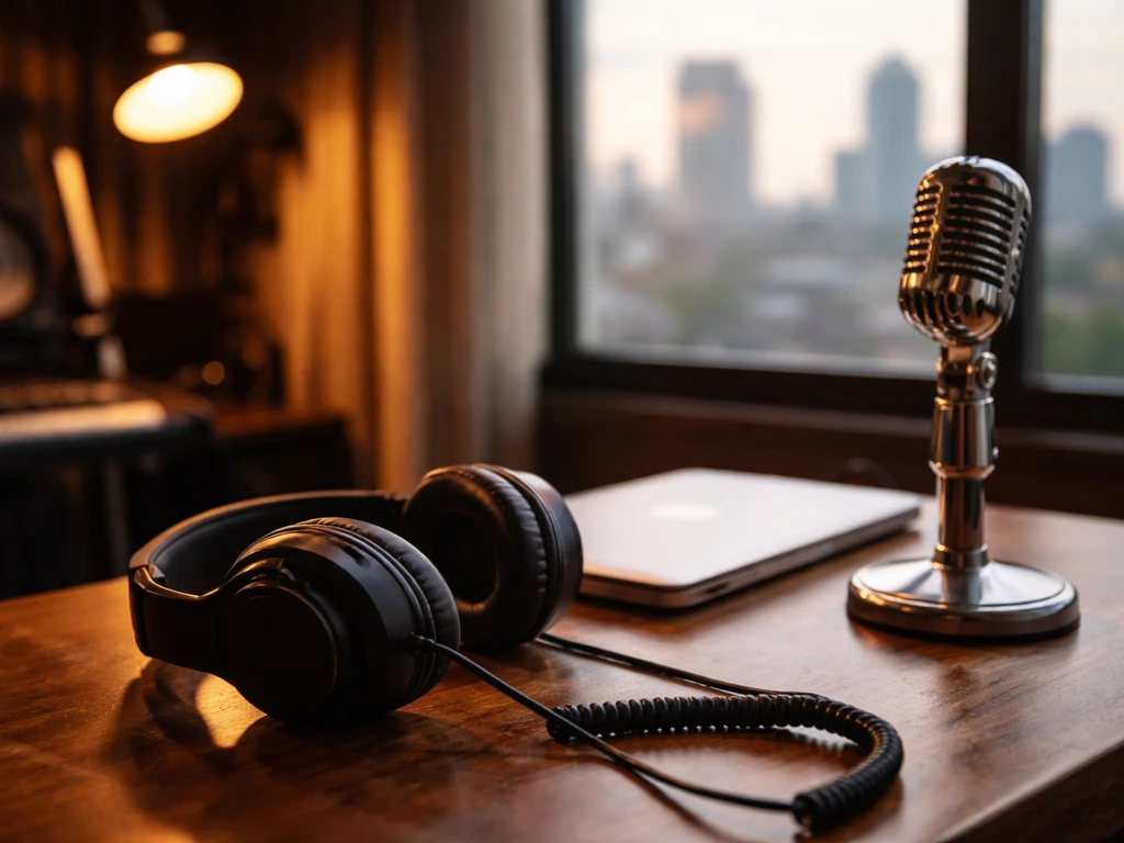 Music studio desk with headphones and microphone near a laptop, symbolizing industry mentorship and artist association.