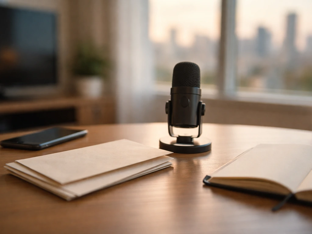 Minimal desk with studio microphone and envelopes near a blurred TV and window skyline.