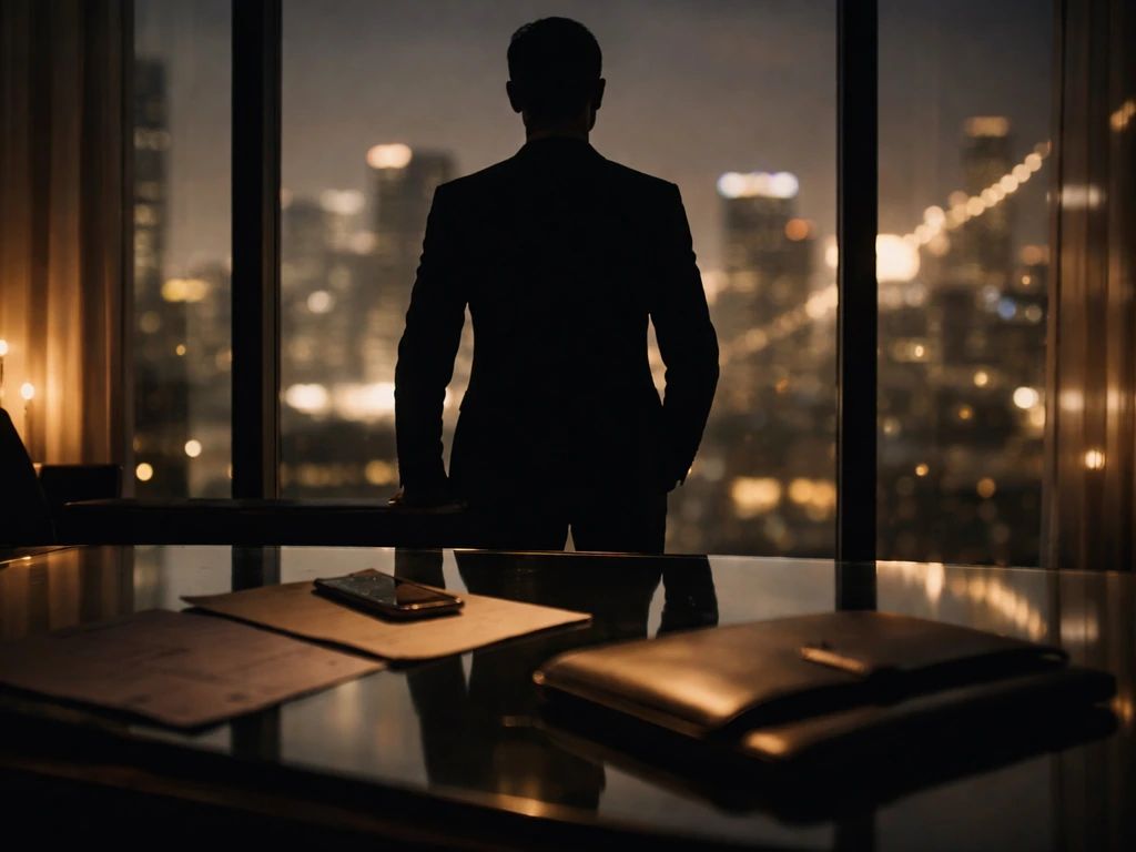 Anonymous tech executive silhouette in a luxury office with city skyline bokeh, suggesting business wealth.