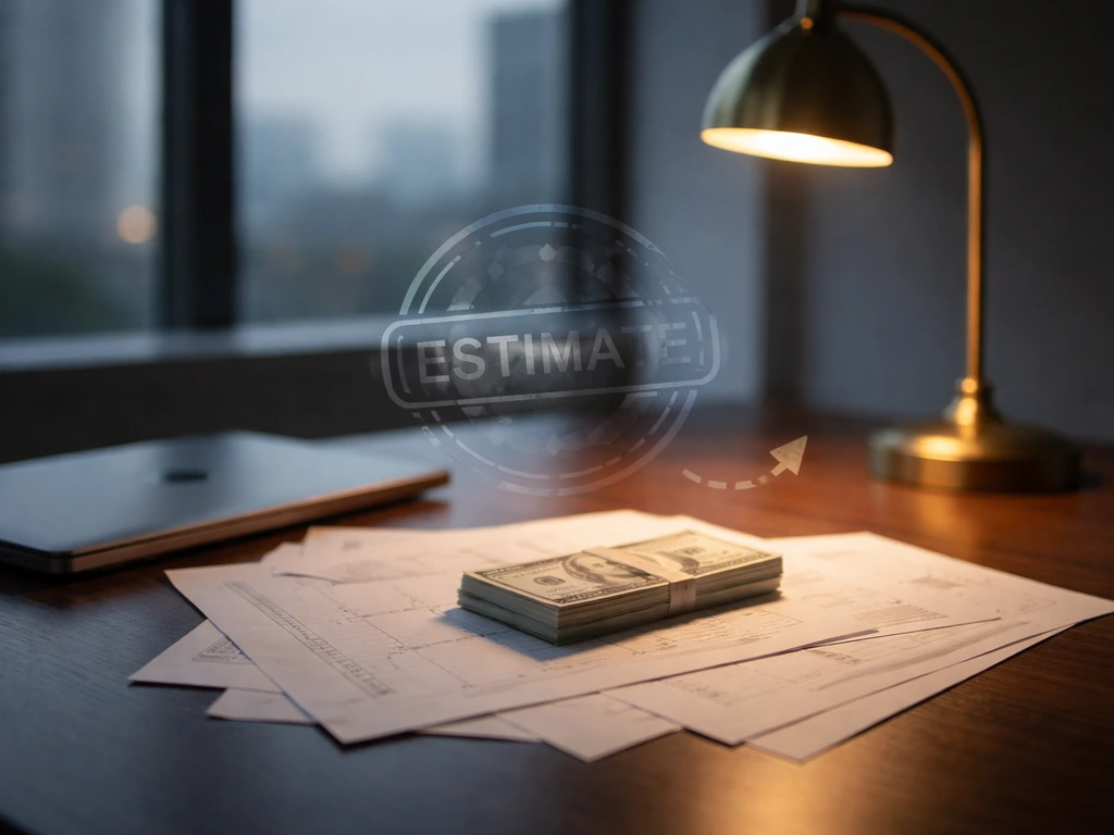 Minimal office desk with money and documents, subtly suggesting a net-worth estimate context.