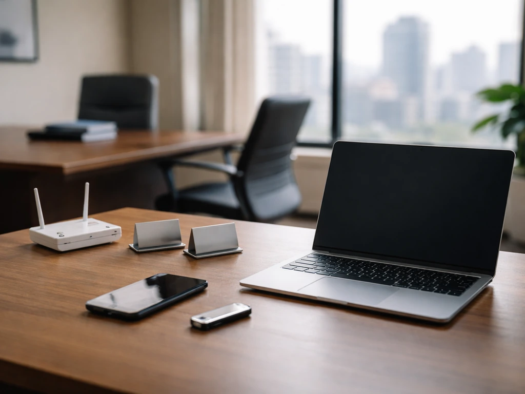 Minimal tech executive office scene with blurred city view, laptop, and scattered hardware as career milestones