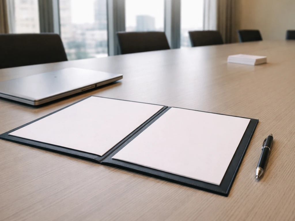 Minimal conference room scene with blank board materials and a laptop suggesting private equity governance.