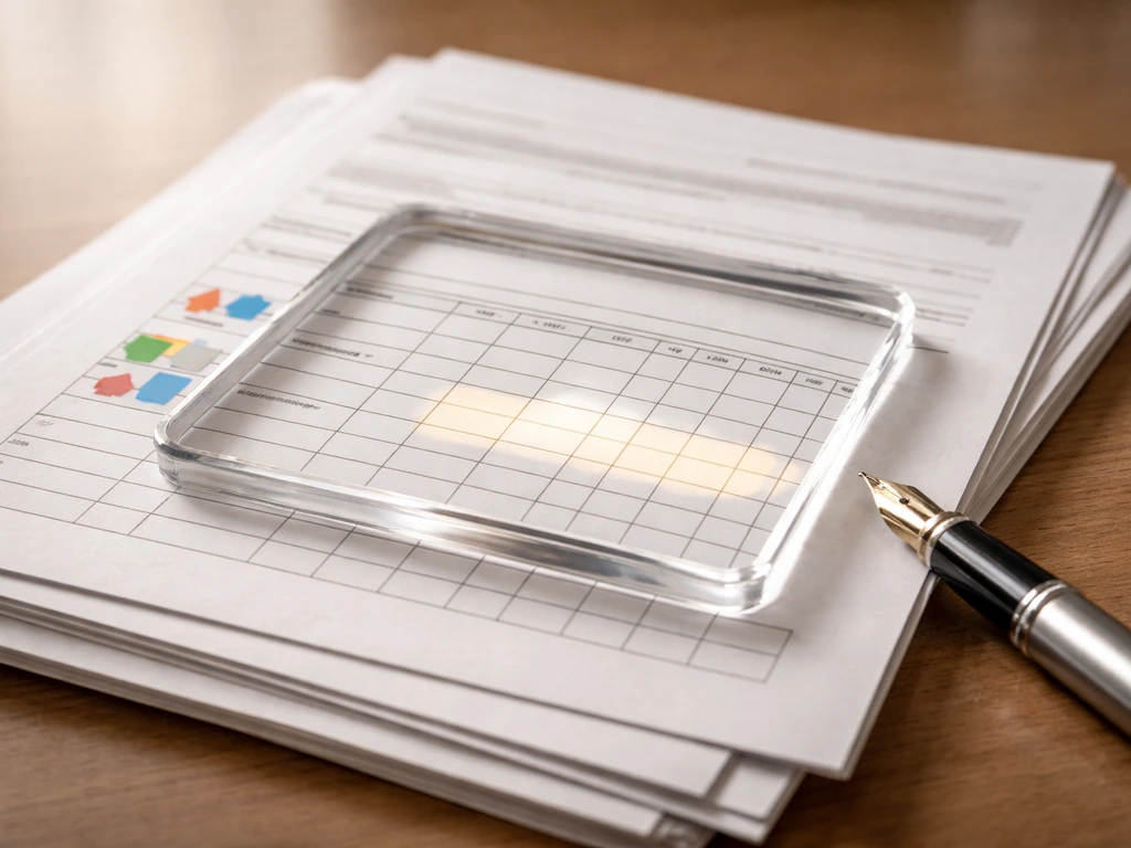 Close-up of SEC-like ownership paperwork under a magnifier with a highlighted table row and stock icon squares.