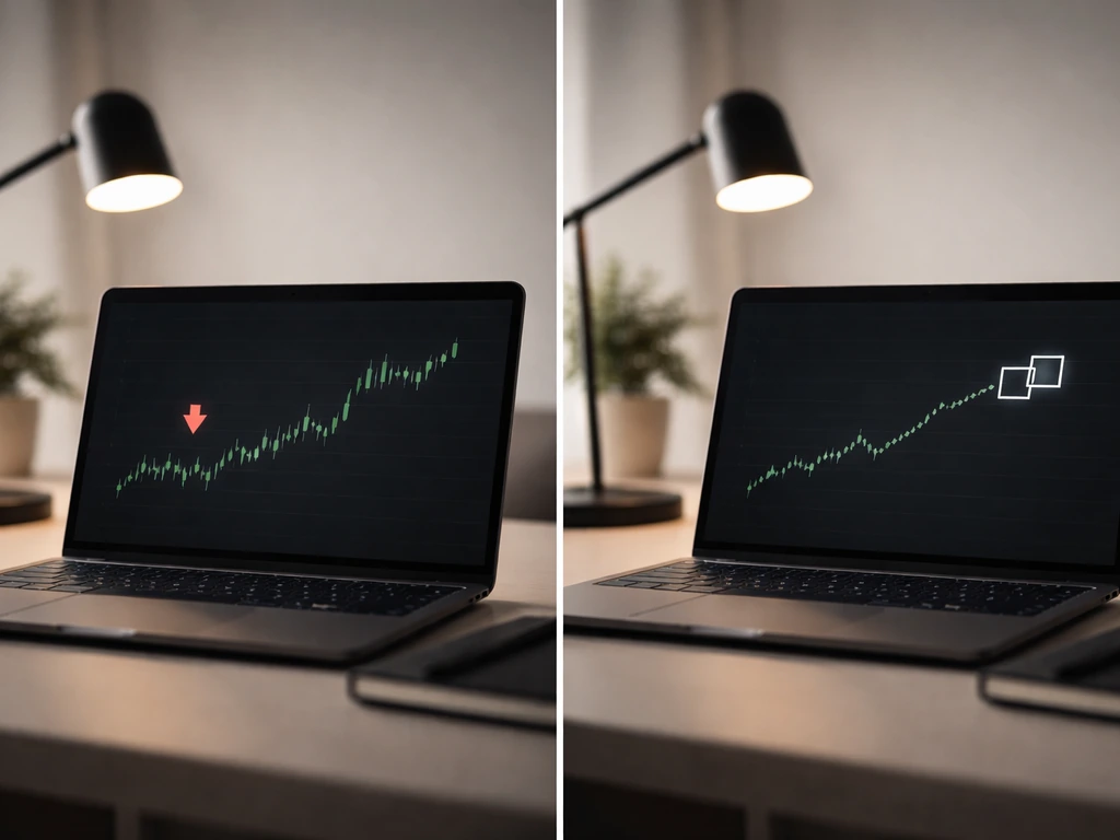 Minimal split-screen of a stock chart on a laptop with a simple board-seat change icon-like marker.