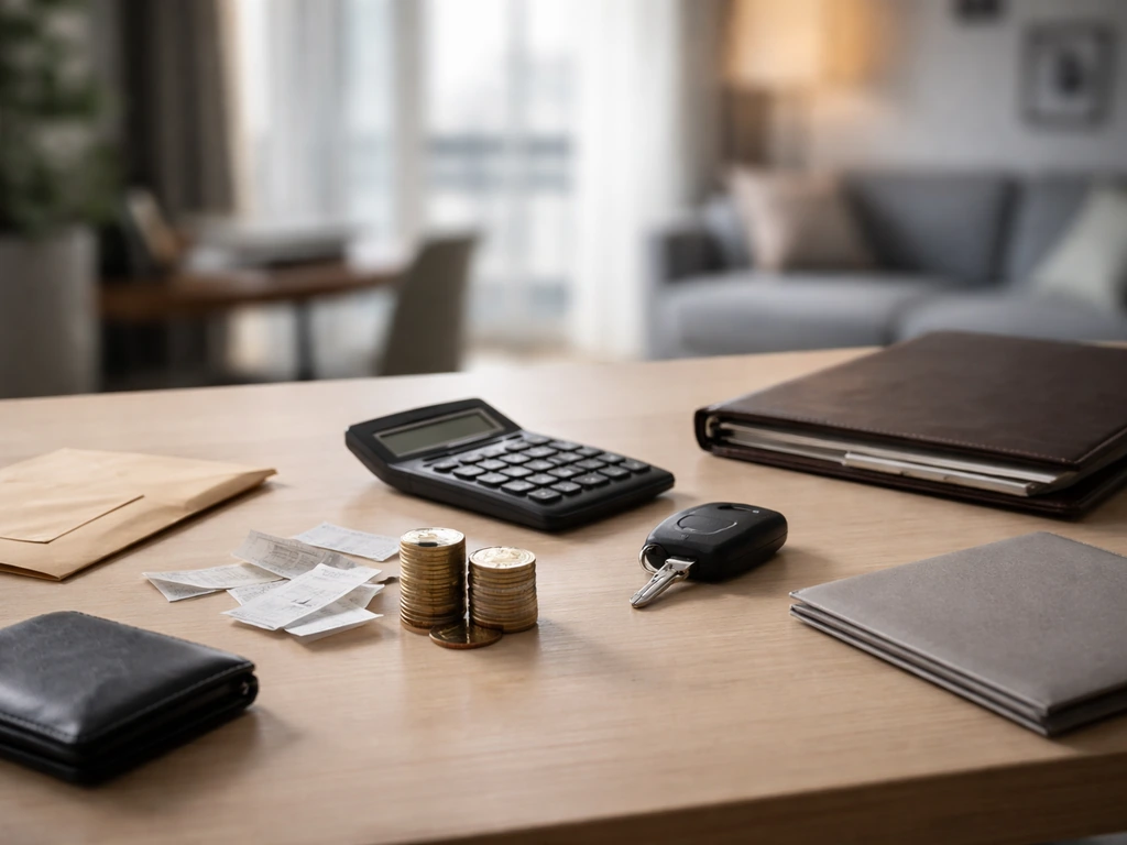 Minimal studio desk scene with a coin stack, open calculator, and folder symbolizing assets minus liabilities
