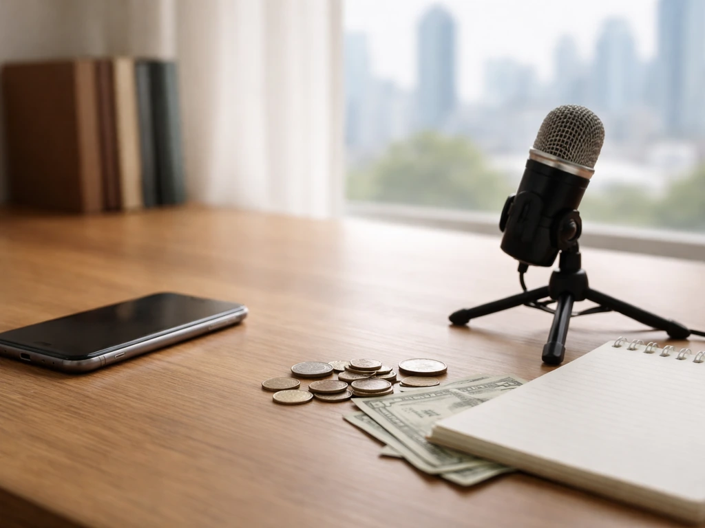 Minimal photo of an anonymous desk setup with scattered money symbols and media production items, no text.