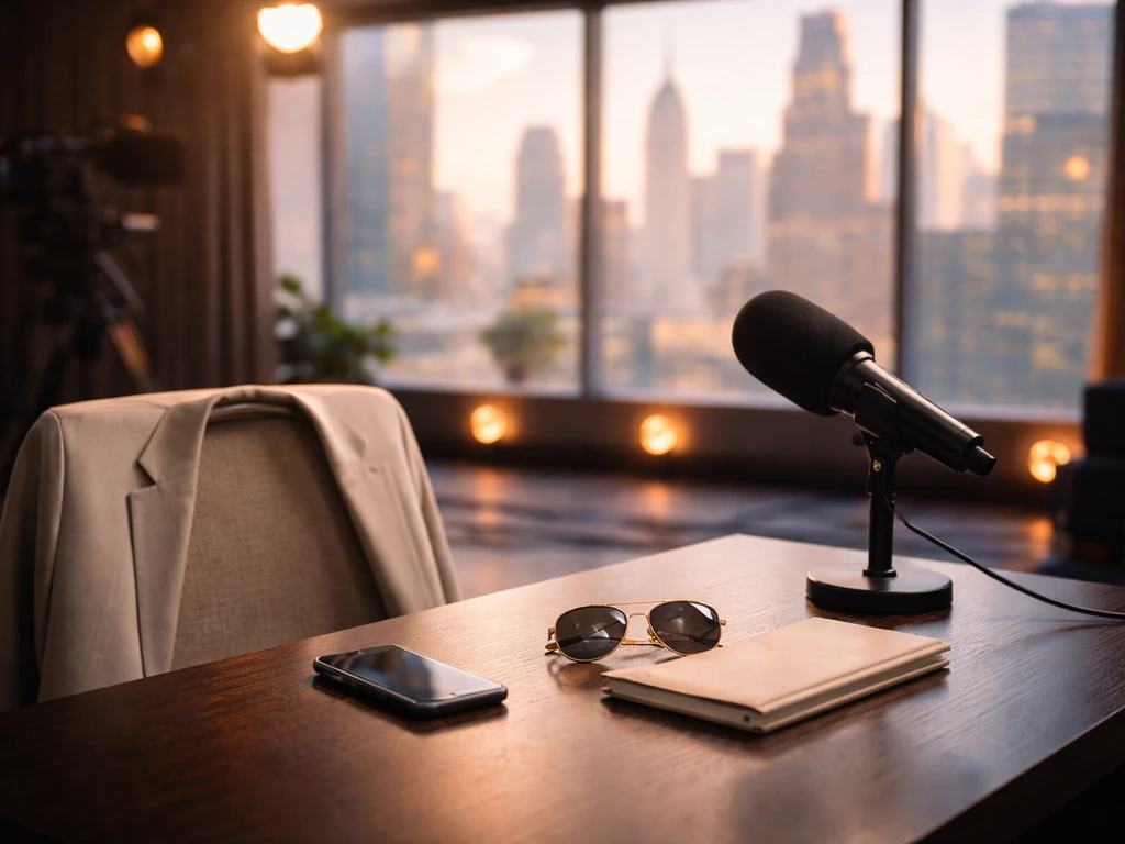 NYC studio desk with luxury items and a microphone, symbolizing media wealth analysis