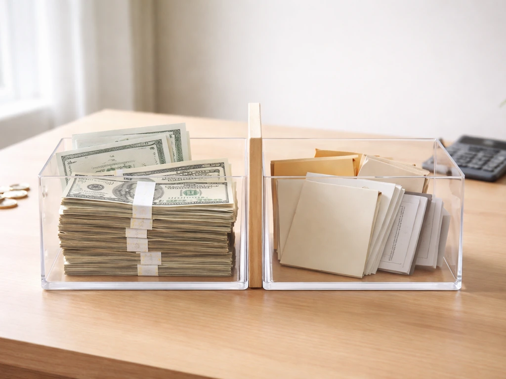 Minimal desk photo with containers of cash/investments and envelopes/documents to suggest assets minus liabilities.