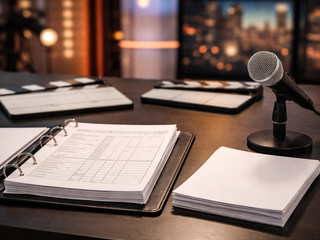 Dark desk with a call sheet binder, blank press pages, and a microphone, implying reality TV earnings context.