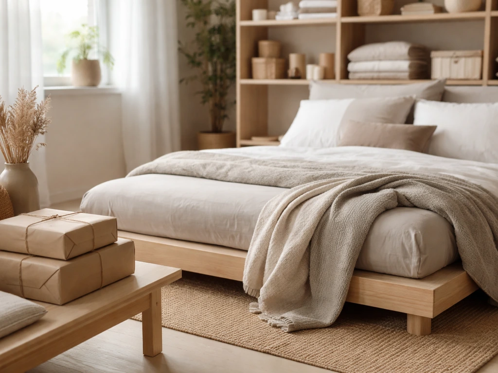 Minimal home showroom scene with neatly folded bedding and home goods under warm natural light.