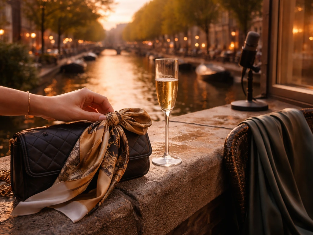 Amsterdam canal glamour scene with luxury accessories, champagne, and a subtle microphone for media-and-wealth vibe.