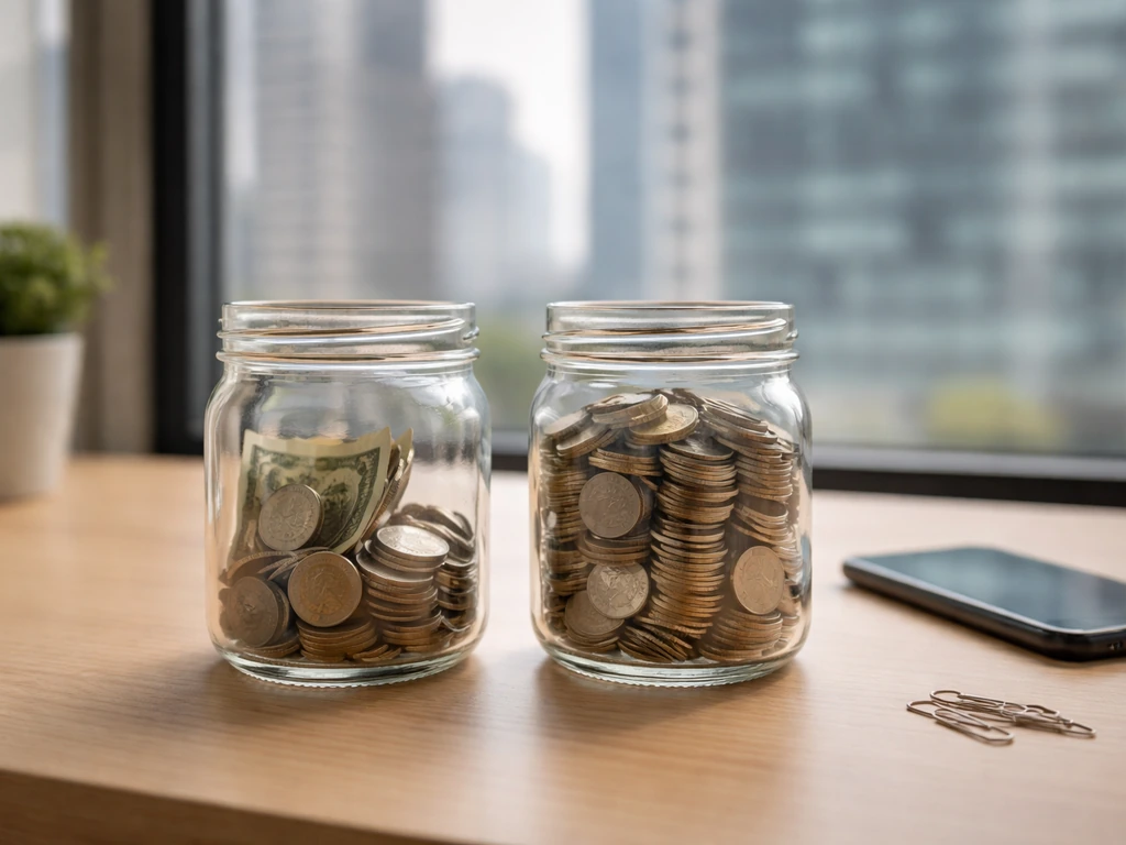 Two unlabeled glass jars of coins side-by-side on a desk, symbolizing individual vs combined net worth.