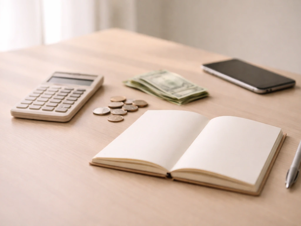 Minimal tabletop scene with a calculator, cash, and an open notebook symbolizing net worth estimates and confidence.