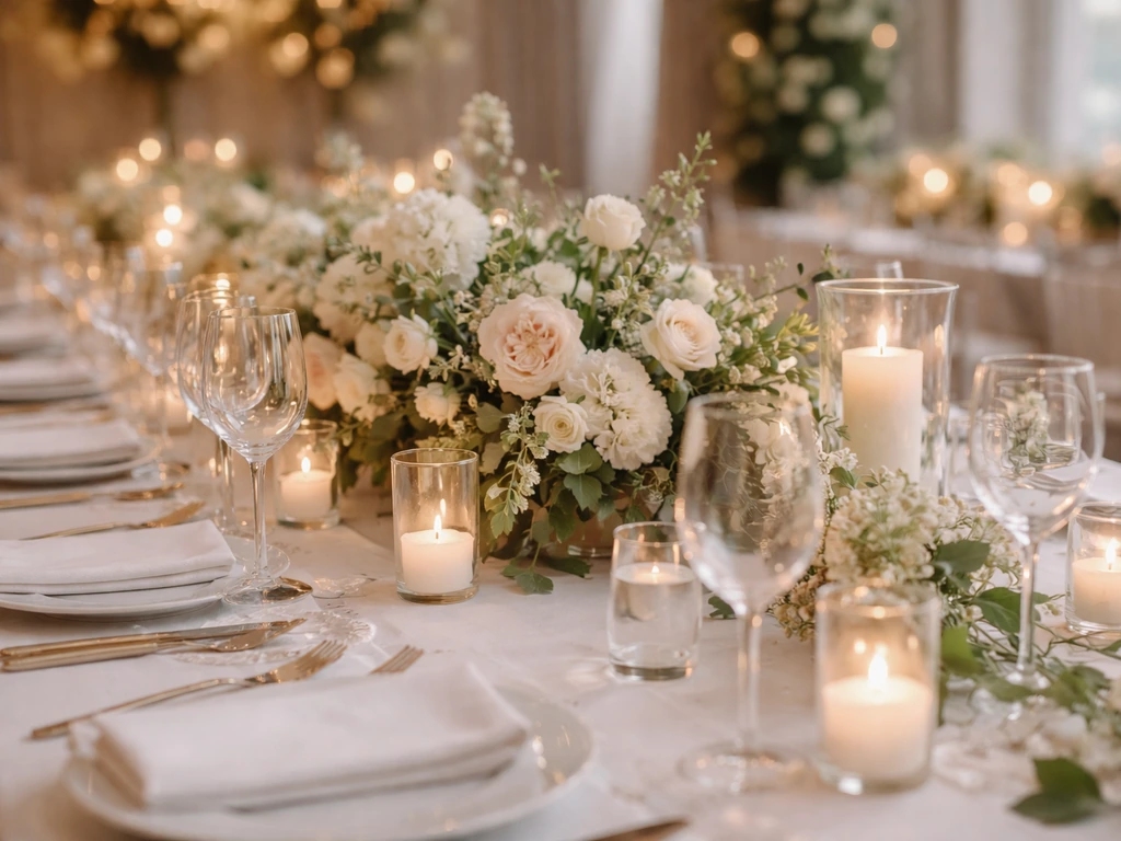 Luxury wedding reception table set with elegant florals and candles in a softly lit venue
