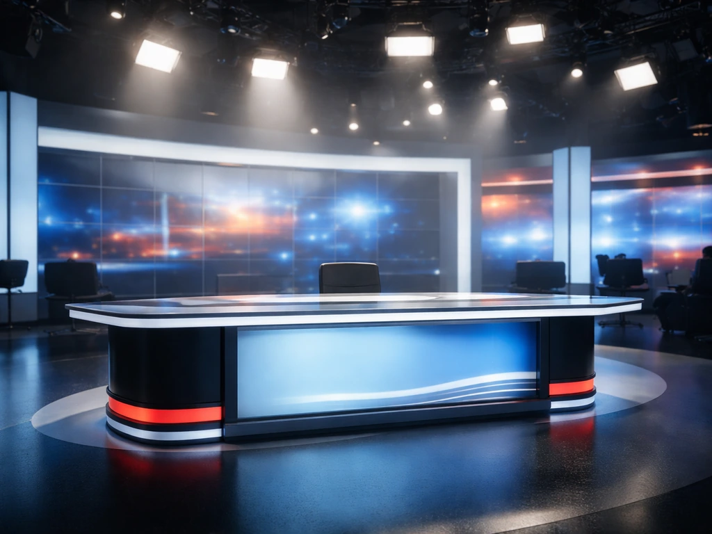 Wide view of a TV studio set with bright stage lights and a broadcasting desk, evoking news cast earnings.