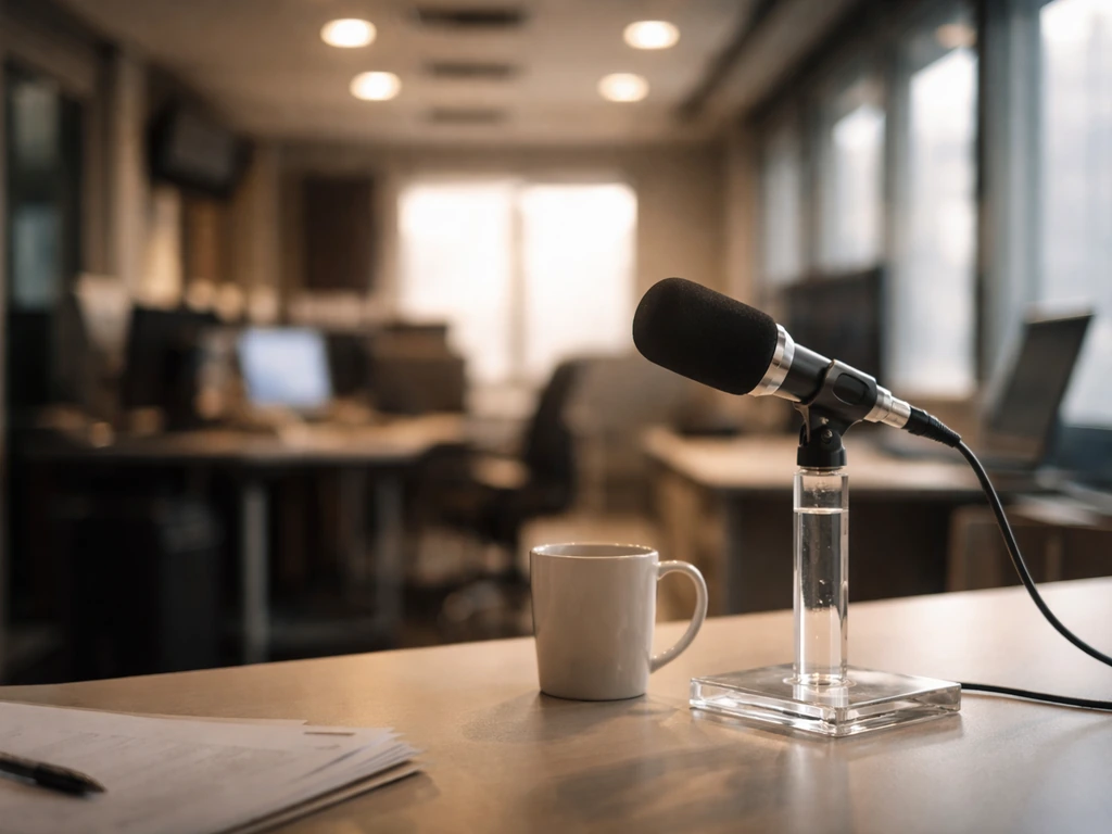 Quiet TV studio desk with a microphone and mug, symbolizing a former TODAY anchor era