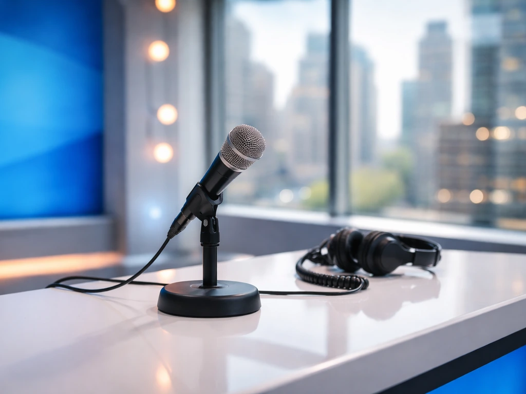 Empty daytime TV studio desk with microphone and blurred city backdrop, symbolizing a TV host on-air setup.
