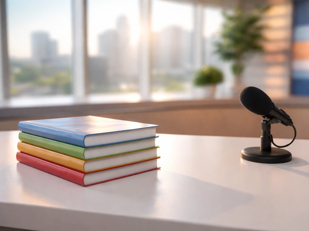 Uncluttered desk with a stack of hardcover books and a studio microphone, evoking book publishing and media earnings
