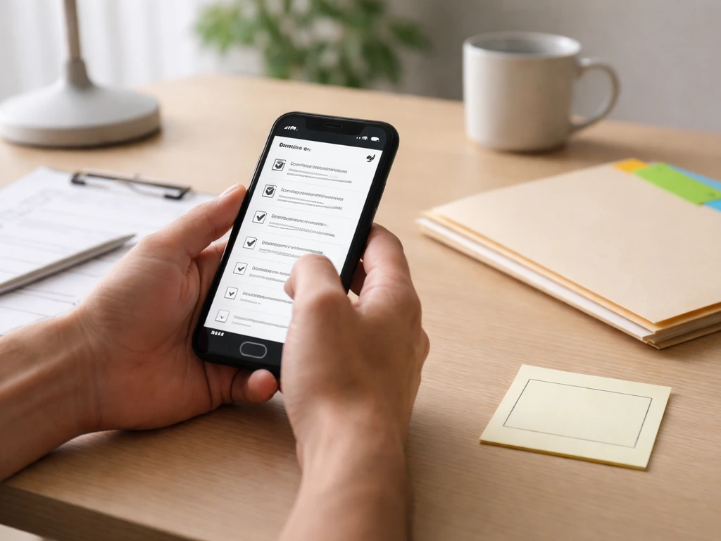 Hands checking a phone against a simple checklist on a quiet desk with blank disclaimer note.
