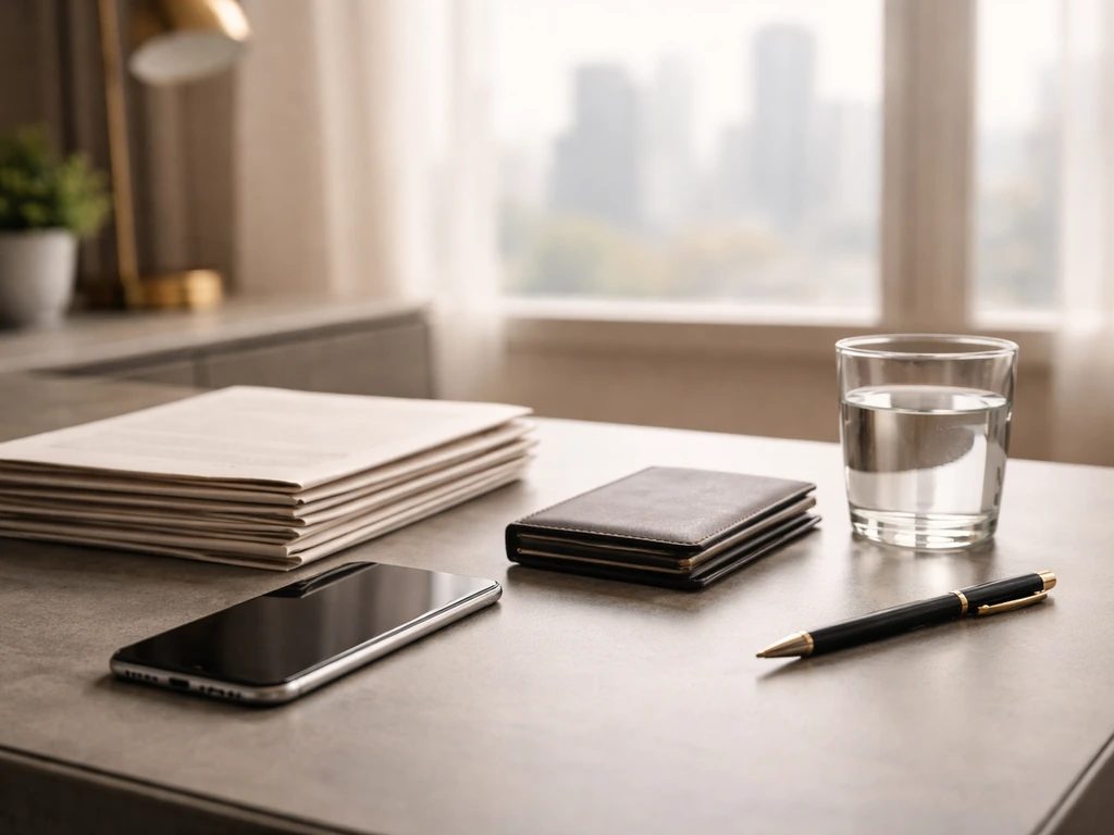 Minimal photo of a luxury business desk with a smartphone, newspaper, and wallet-like prop symbolizing net worth estimat