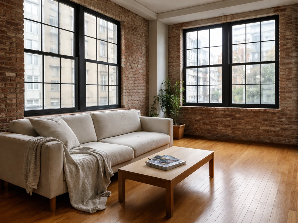 Bright Tribeca-style loft interior with exposed brick and large windows, staged without people.