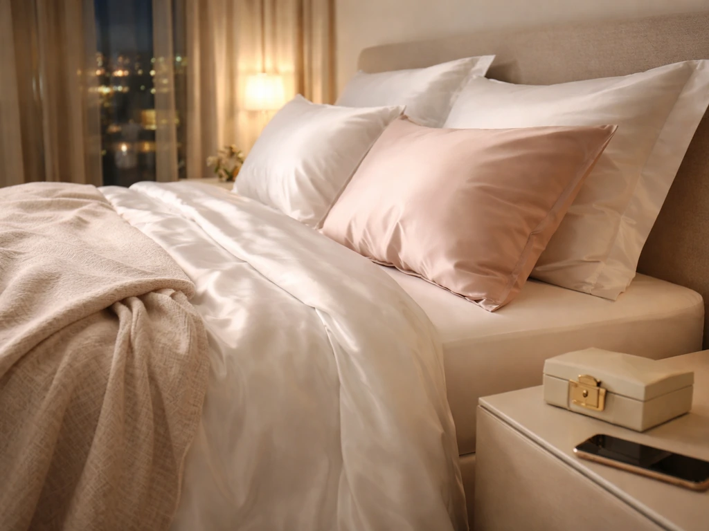 Luxury bed with satin bedding and gold accessories on a bedside table in a softly lit suite.