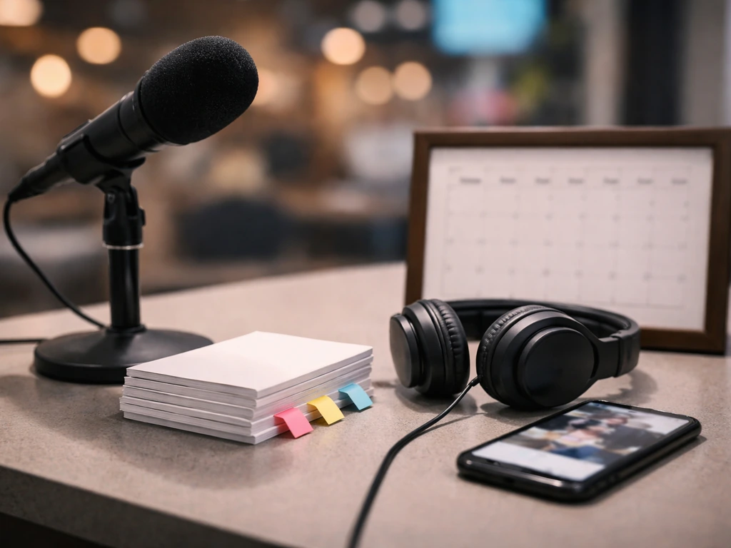 Minimal TV studio desk with a microphone and blurred phone, symbolizing reality TV career and earnings.