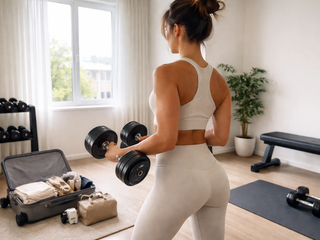 Anonymous model in a bright apartment gym holding dumbbells, with travel suitcase and fitness gear nearby.