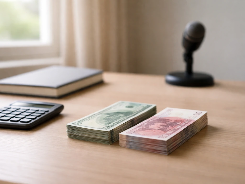 Minimal desk scene with calculator, currency, and microphone symbolizing USD vs GBP net worth comparison.