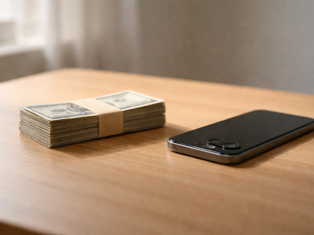 Minimal close-up of a small stack of cash beside a smartphone on a plain desk, suggesting reality TV pay.