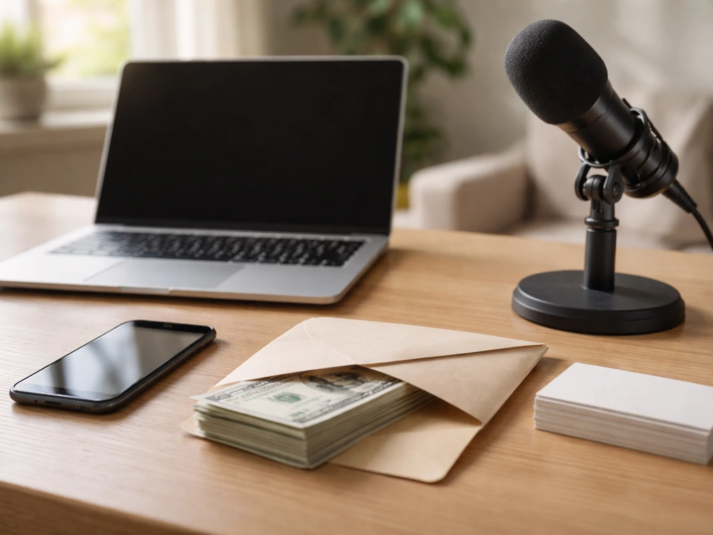 Minimal desk scene with a laptop, smartphone, and cash beside a studio microphone—symbolic career income sources.